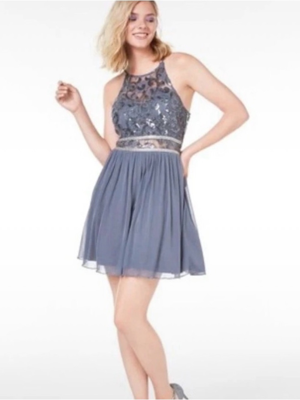 BCX Embellished Halter Chiffon Mini Dress